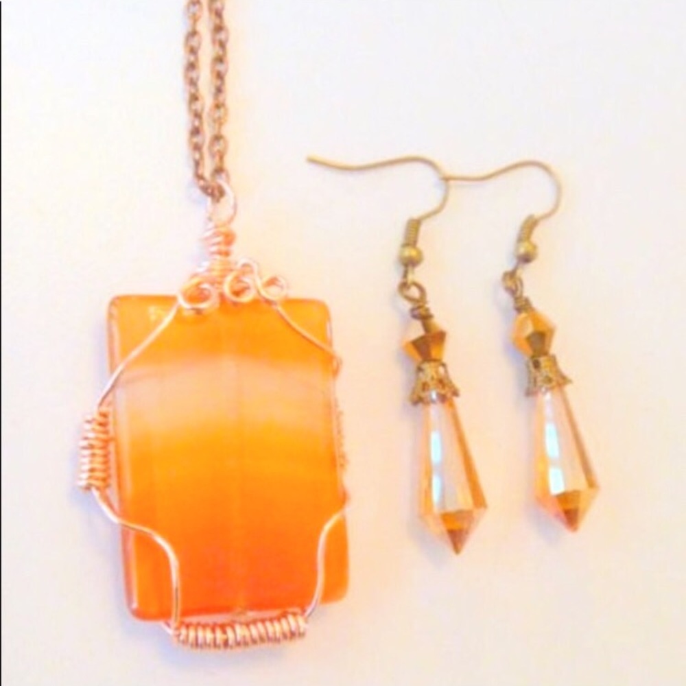 Carnelian cooper wire wrapped necklace earrings